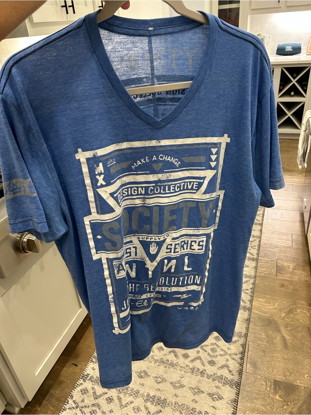 Society Blue V‑Neck Graphic Tee with White Print
